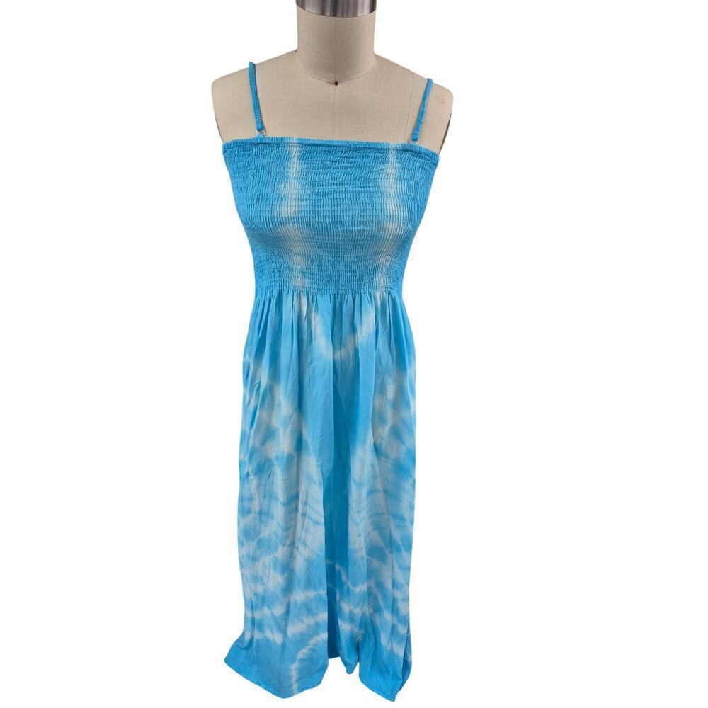 Riviera Sun 100% Rayon Sun Dress Turquoise Blue Tie Dye Elastic Halter Top Sz XL - Picture 2 of 5